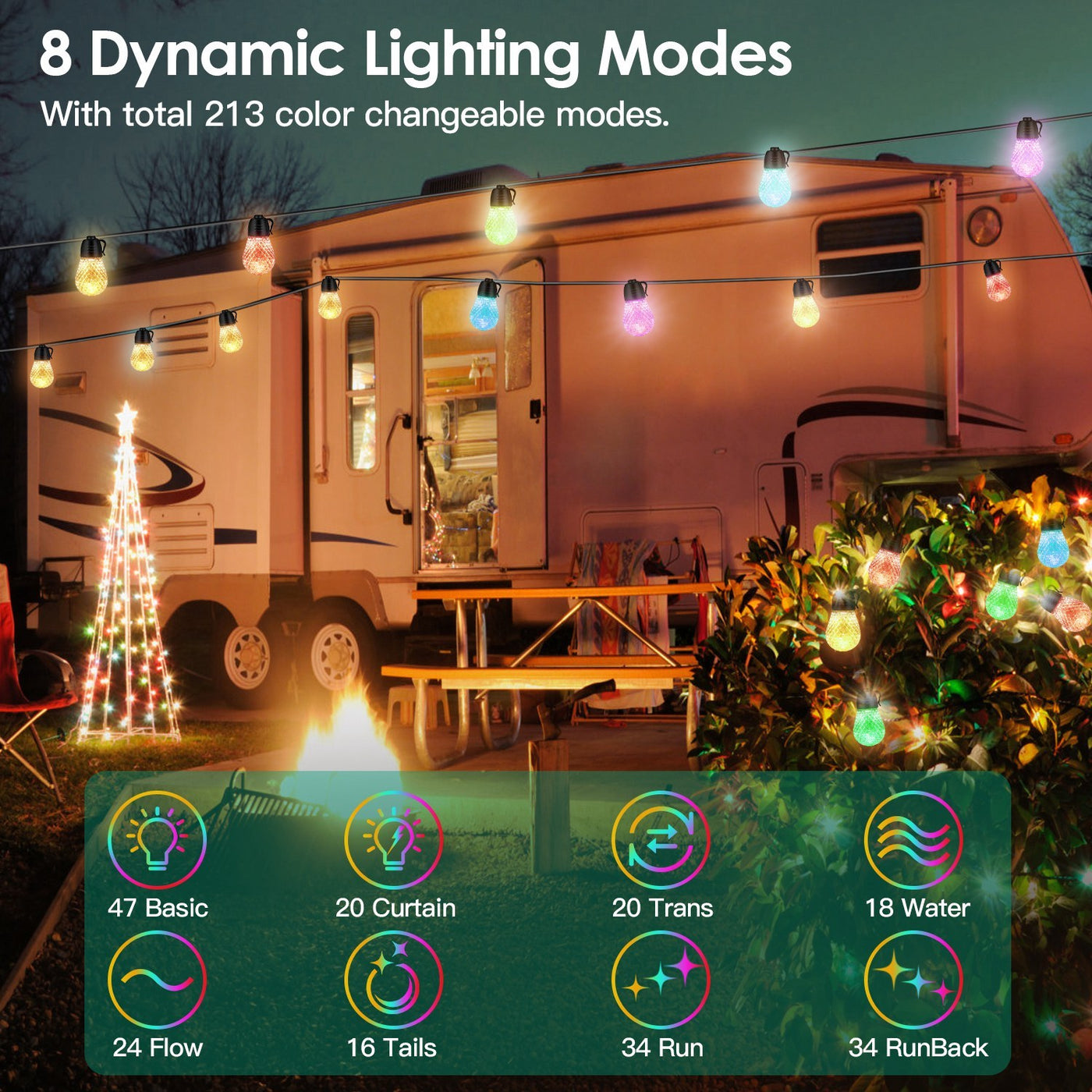 52.5FT Colorful Outdoor String Lights Smart RGB LED Patio Lights IP66 Waterproof Dimmable Hanging Light Bulbs With APP Remote Control 15 Bulbs