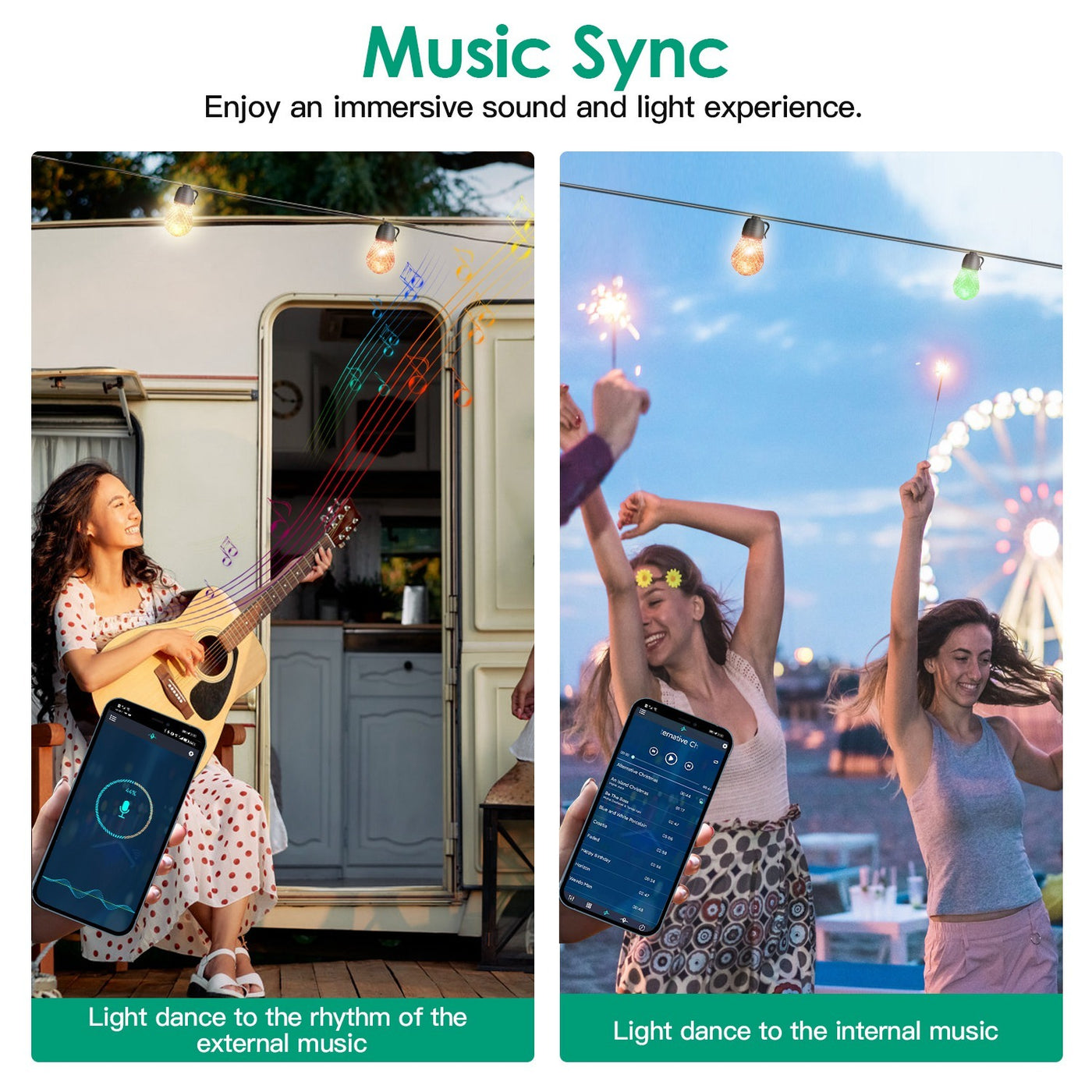 52.5FT Colorful Outdoor String Lights Smart RGB LED Patio Lights IP66 Waterproof Dimmable Hanging Light Bulbs With APP Remote Control 15 Bulbs