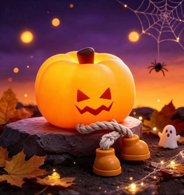 LUTEX Glow Pumpkin silicone lantern glowing orange on a dark surface