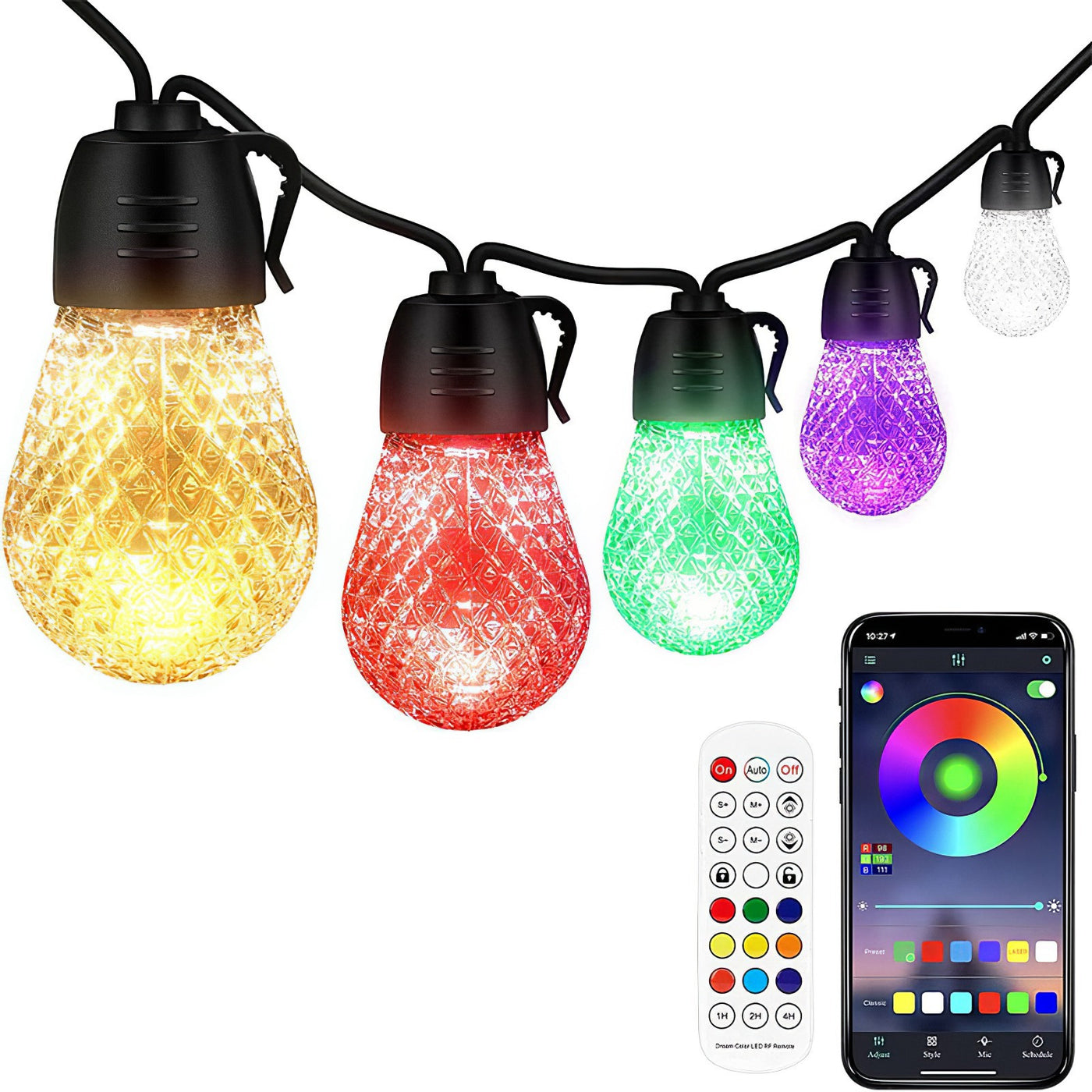52.5FT Colorful Outdoor String Lights Smart RGB LED Patio Lights IP66 Waterproof Dimmable Hanging Light Bulbs With APP Remote Control 15 Bulbs